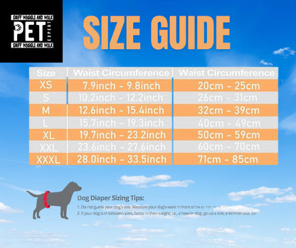 Dog diaper size guide with waist circumference measurements against a blue sky background