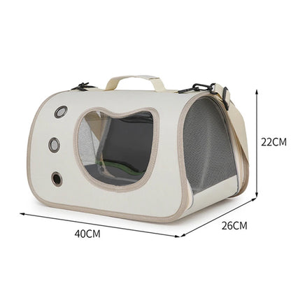 Pet carrier with dimensions labeled on a white background