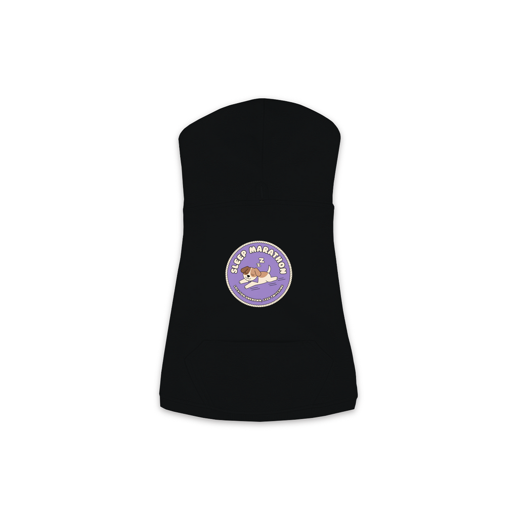 Sleep Marathon Dog Hoodie in Black, sizes XS to M