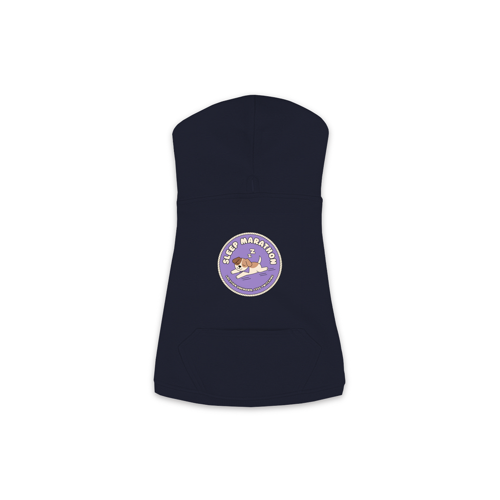 Sleep Marathon Dog Hoodie in Navy, sizes XS to M