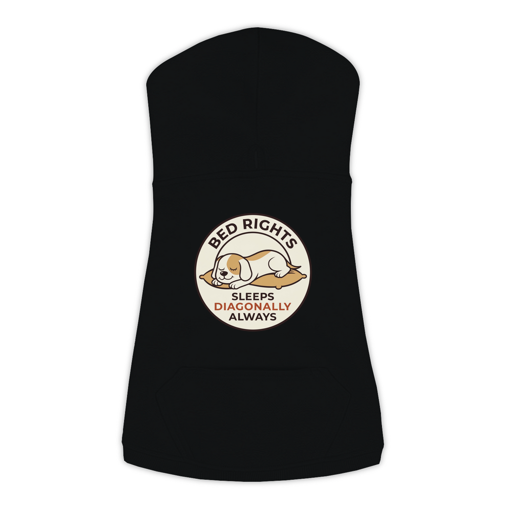 Sleeps Diagonally dog hoodie in Black - back print, sizes L to 3XL
