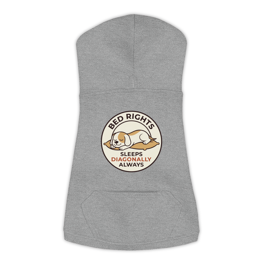 Sleeps Diagonally dog hoodie in Granite Heather - back print, sizes L to 3XL