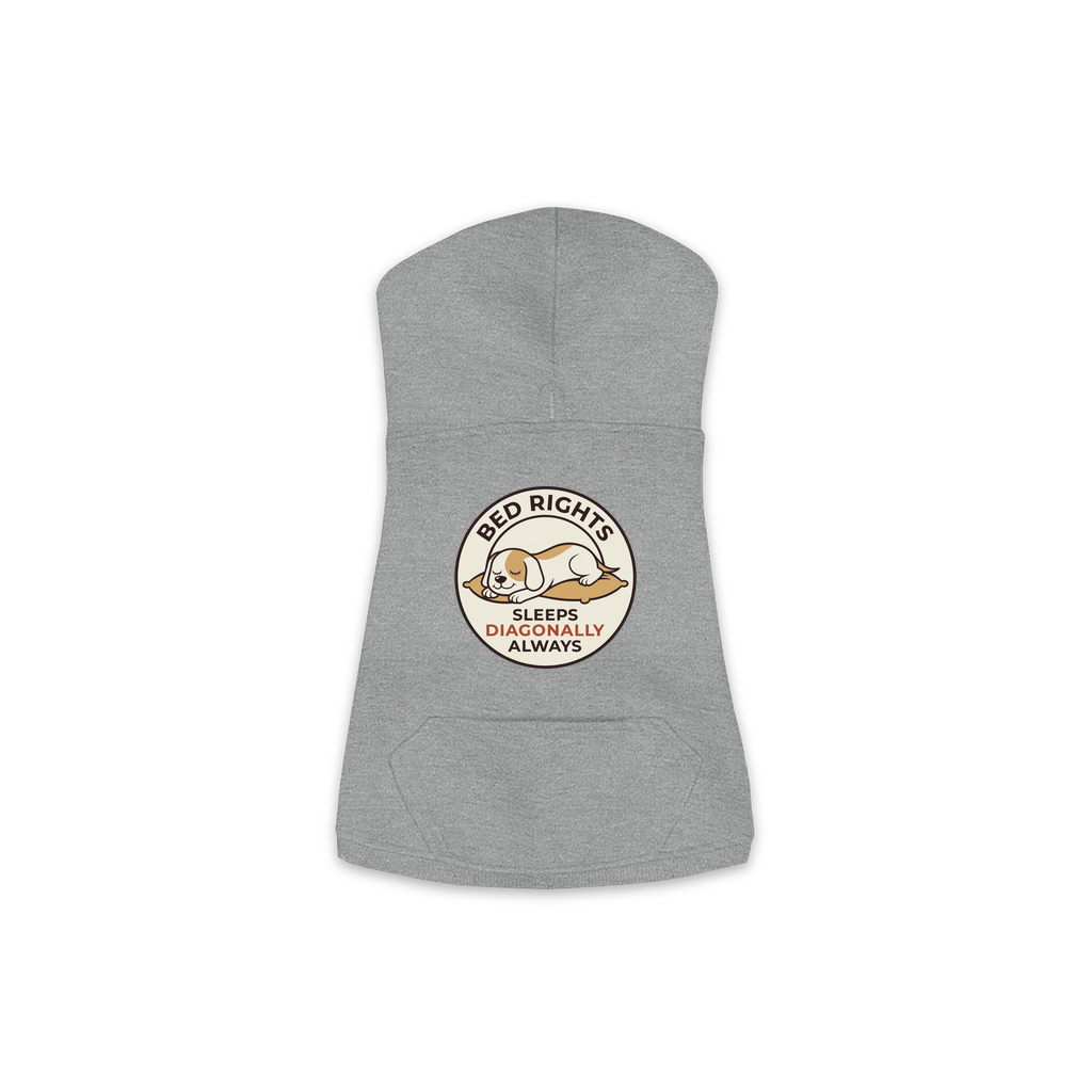 Sleeps Diagonally dog hoodie in Granite Heather - back print, sizes XS to M