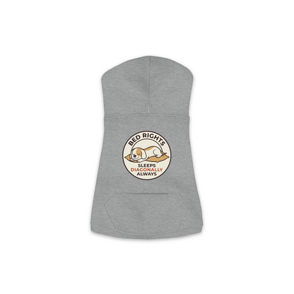 Sleeps Diagonally dog hoodie in Granite Heather - back print, sizes XS to M