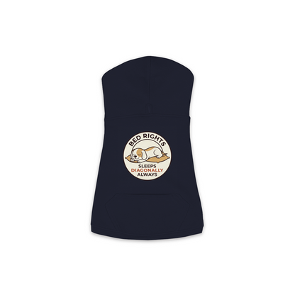 Sleeps Diagonally dog hoodie in Navy - back print, sizes XS to M