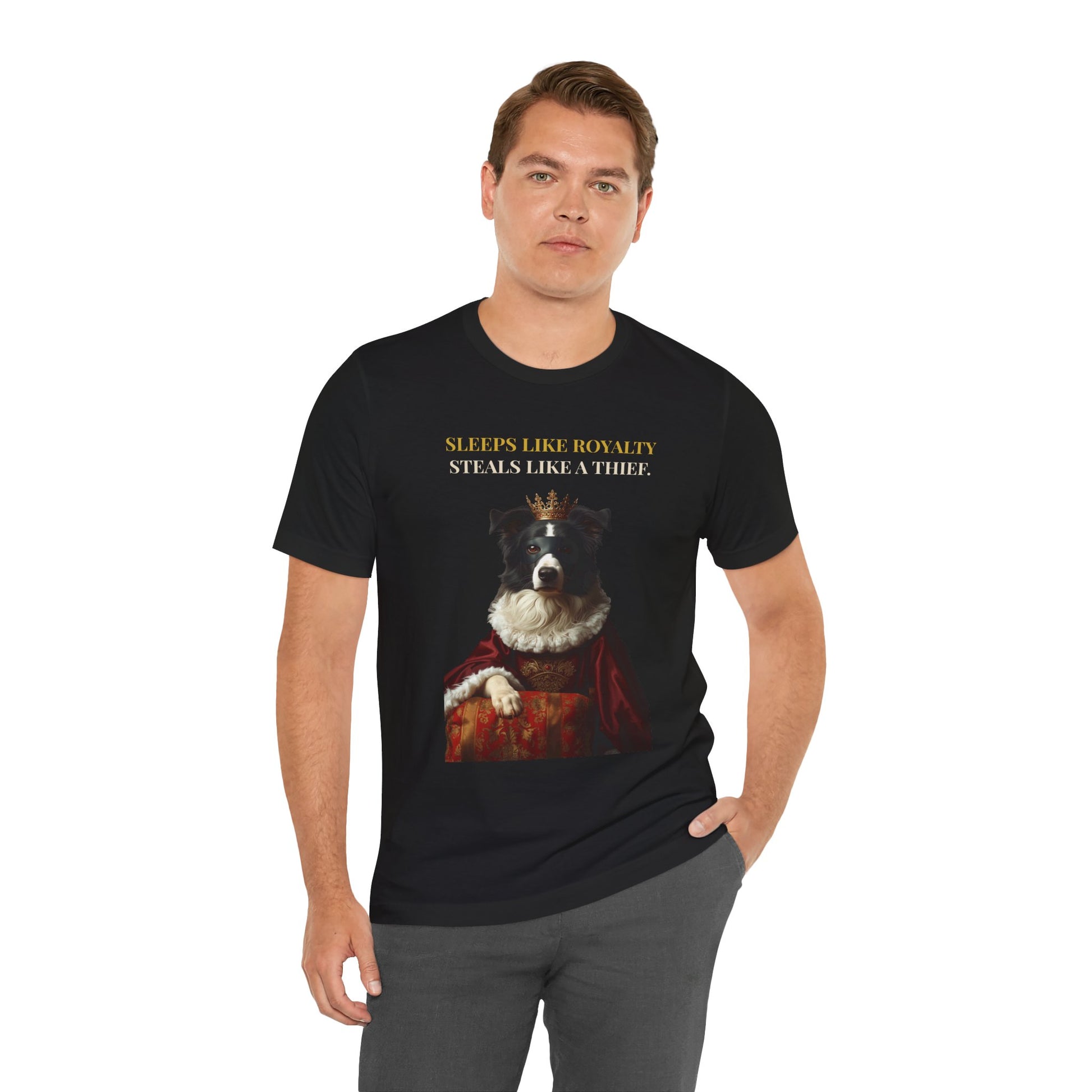 Sleeps Like Royalty Border Collie T-Shirt — flat lay