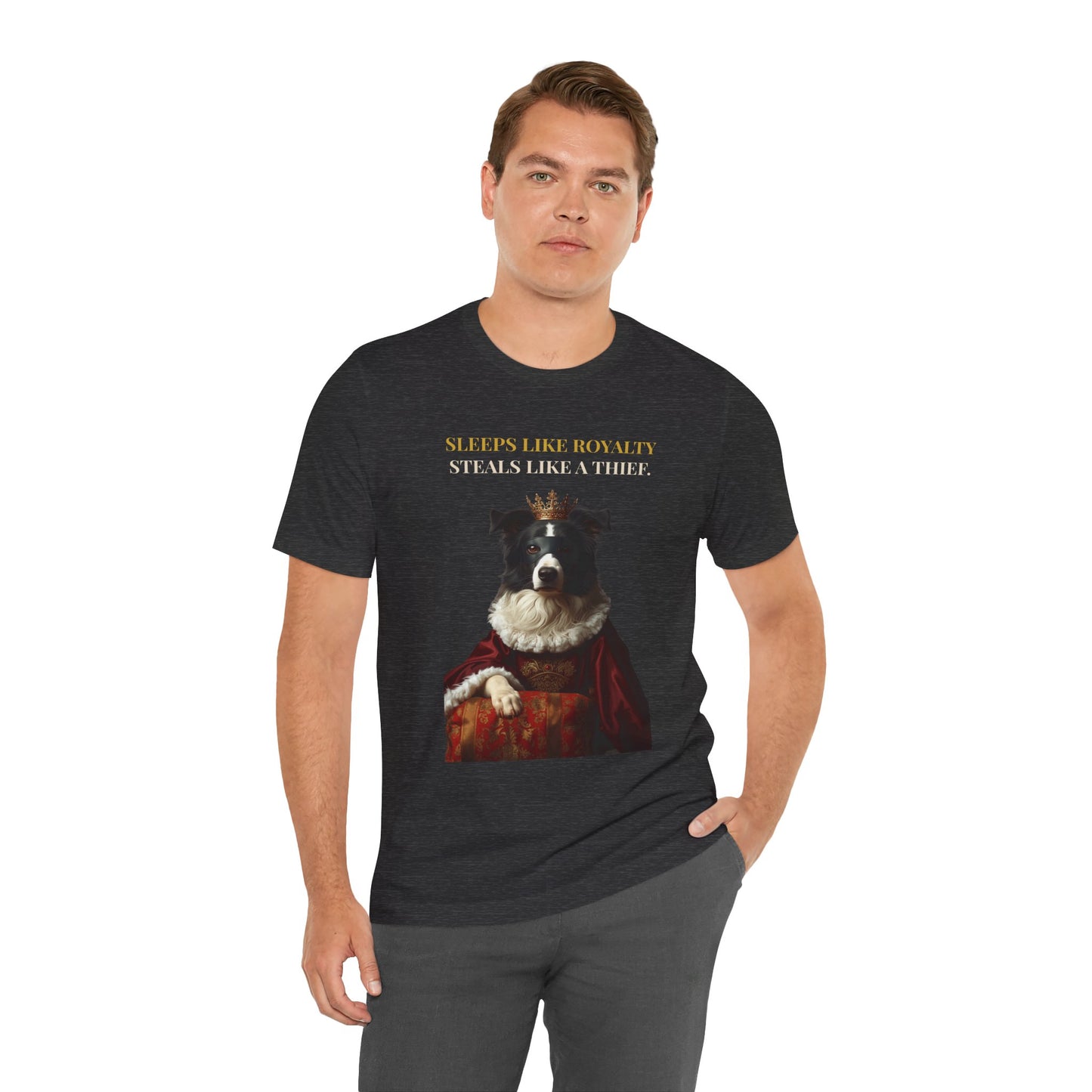 Sleeps Like Royalty Border Collie T-Shirt — fabric texture close-up