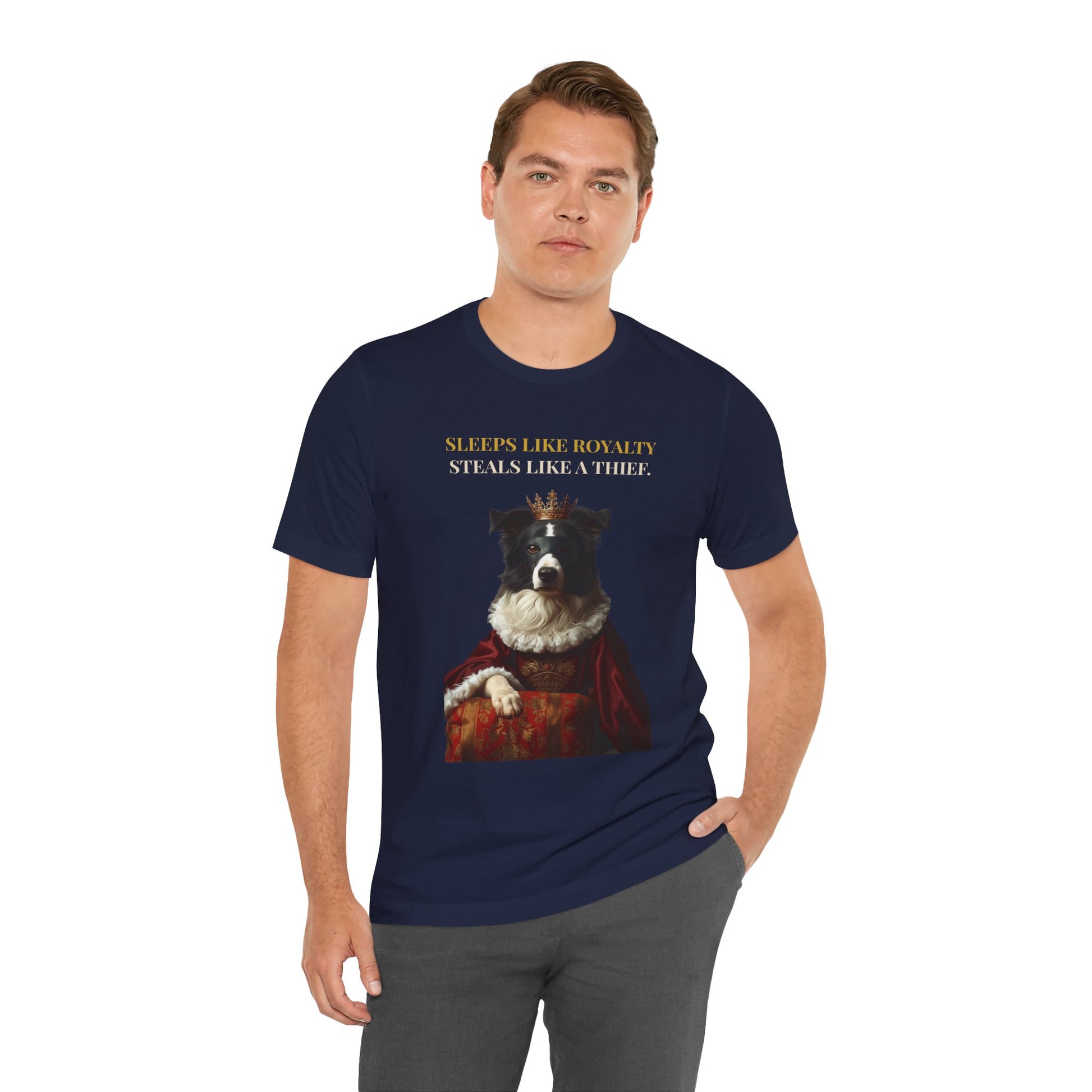 Sleeps Like Royalty Border Collie T-Shirt — close-up print detail