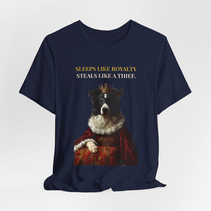 Sleeps Like Royalty Border Collie T-Shirt — flat lay