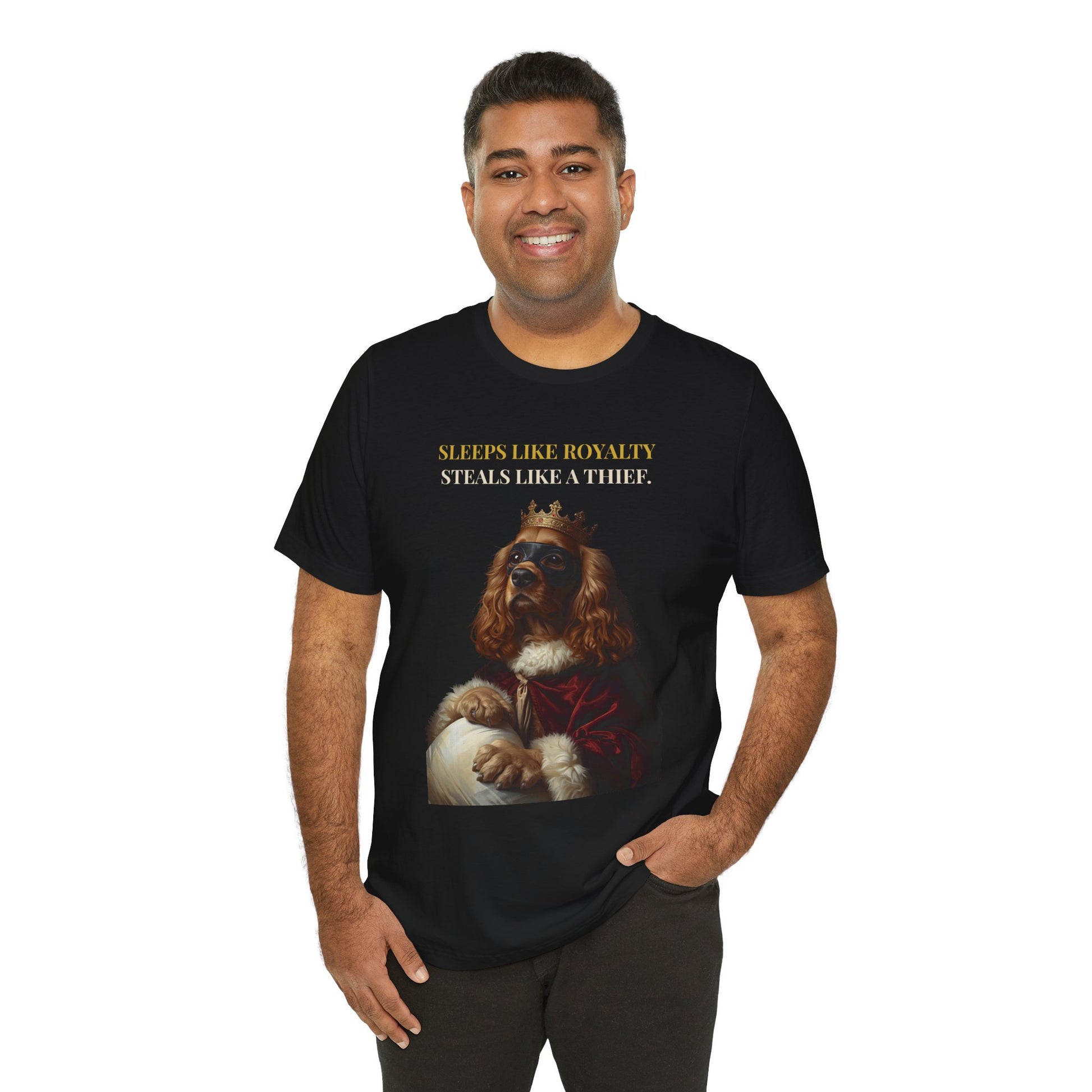 Sleeps Like Royalty Cocker Spaniel T-Shirt — flat lay