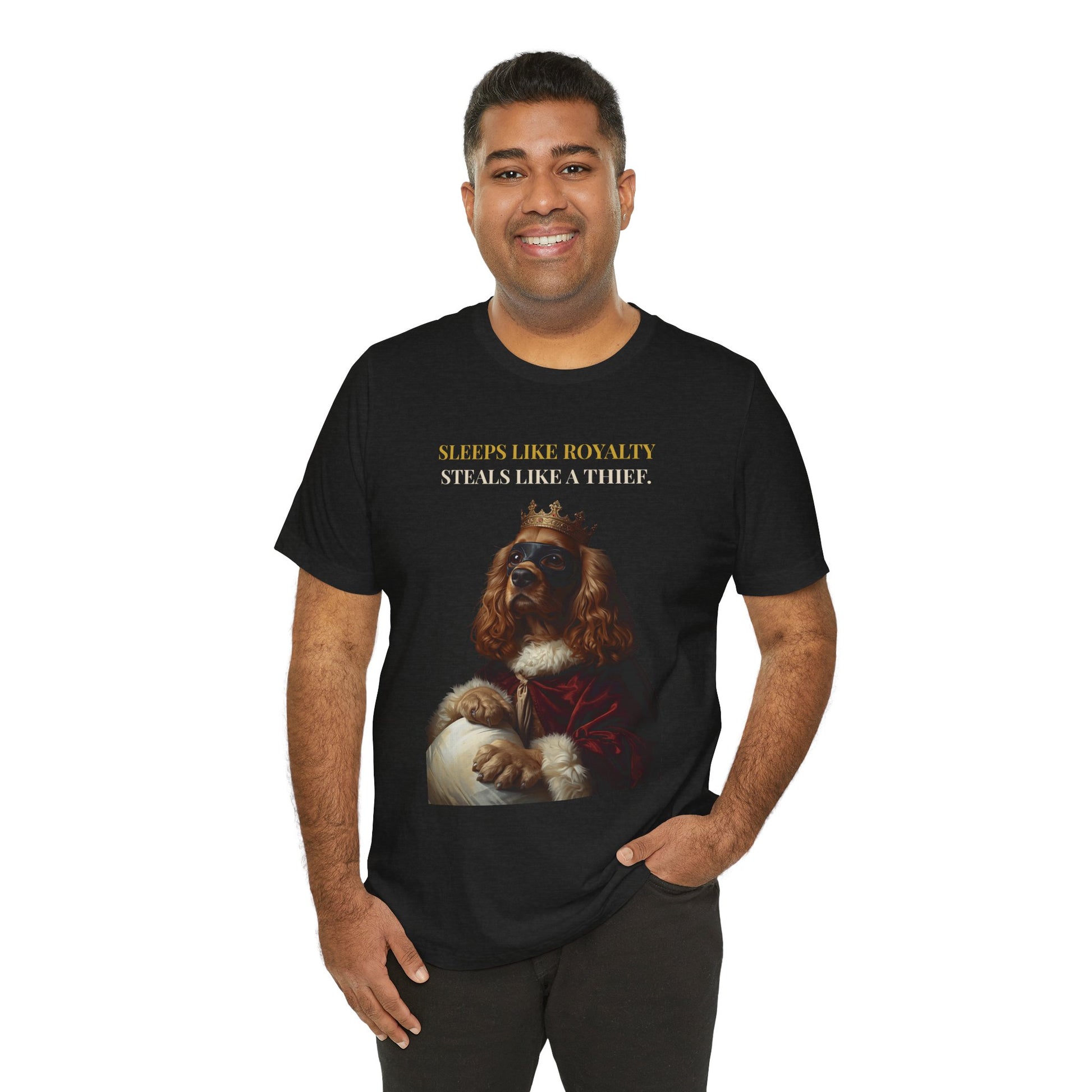 Sleeps Like Royalty Cocker Spaniel T-Shirt — Black Heather colourway