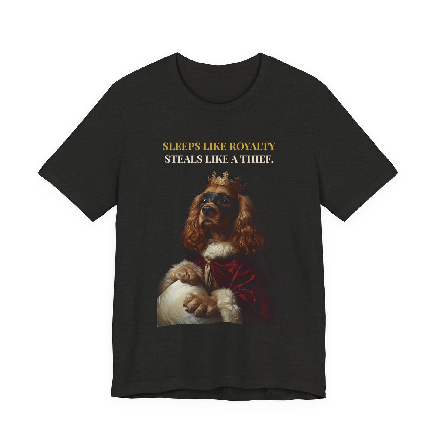 Sleeps Like Royalty Cocker Spaniel T-Shirt — close-up print detail