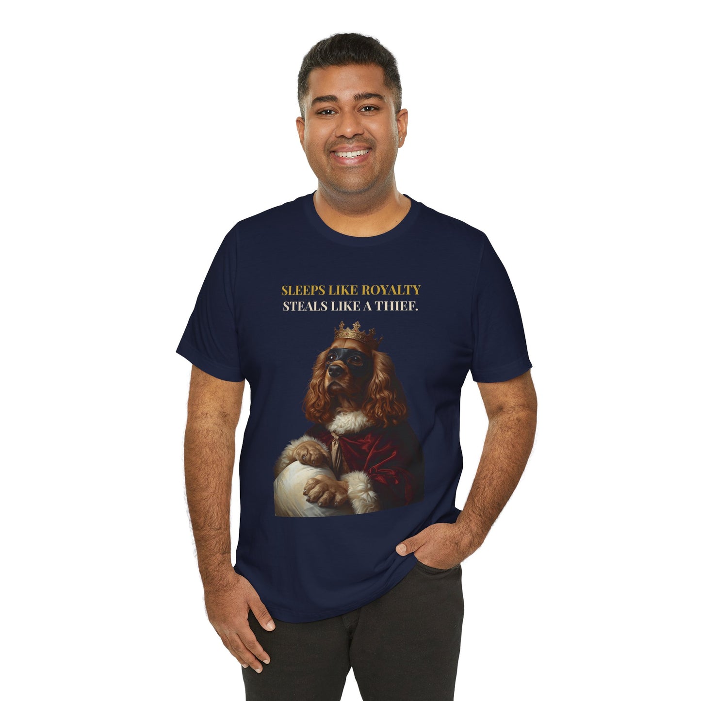 Sleeps Like Royalty Cocker Spaniel T-Shirt — close-up print detail