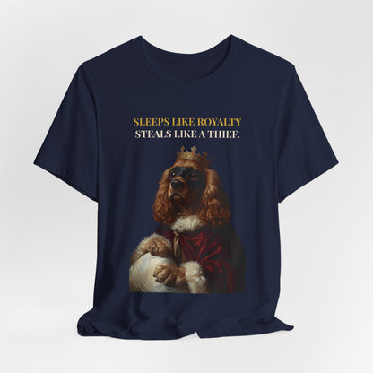 Sleeps Like Royalty Cocker Spaniel T-Shirt — flat lay