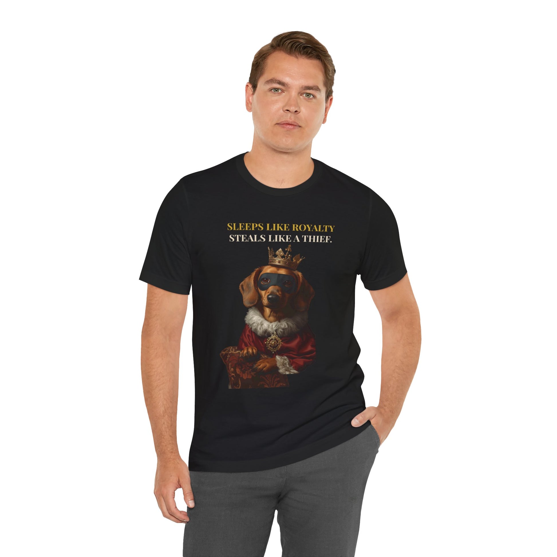 Sleeps Like Royalty Dachshund T-Shirt — flat lay
