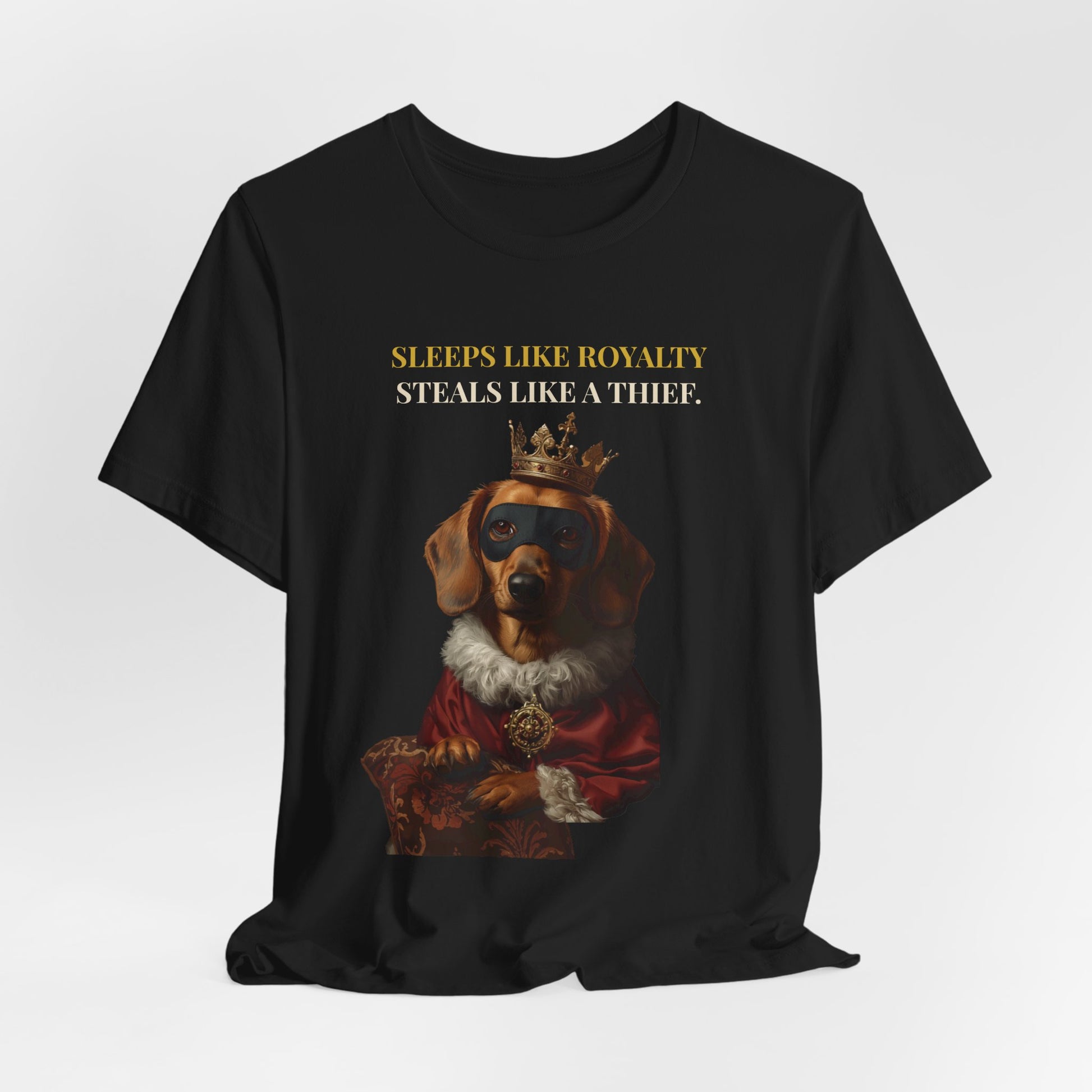 Sleeps Like Royalty Dachshund T-Shirt — Dark Grey Heather colourway