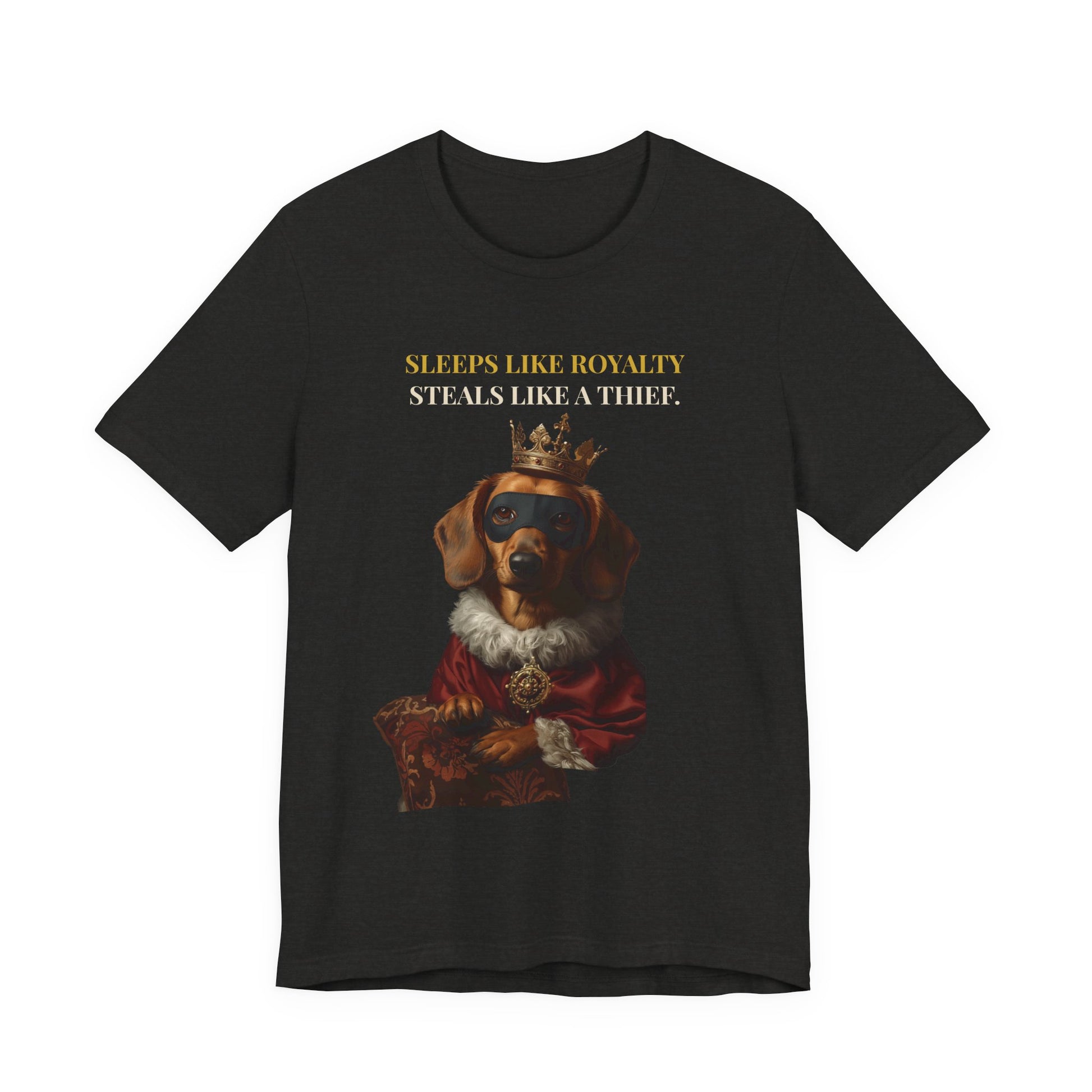Sleeps Like Royalty Dachshund T-Shirt — close-up print detail