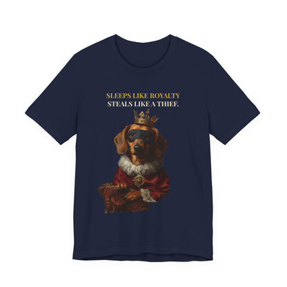 Sleeps Like Royalty Dachshund T-Shirt — model wearing front view