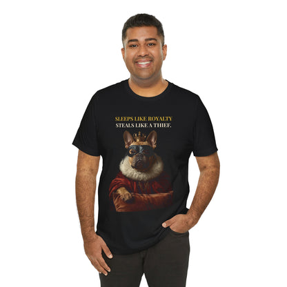 Sleeps Like Royalty French Bulldog T-Shirt — flat lay