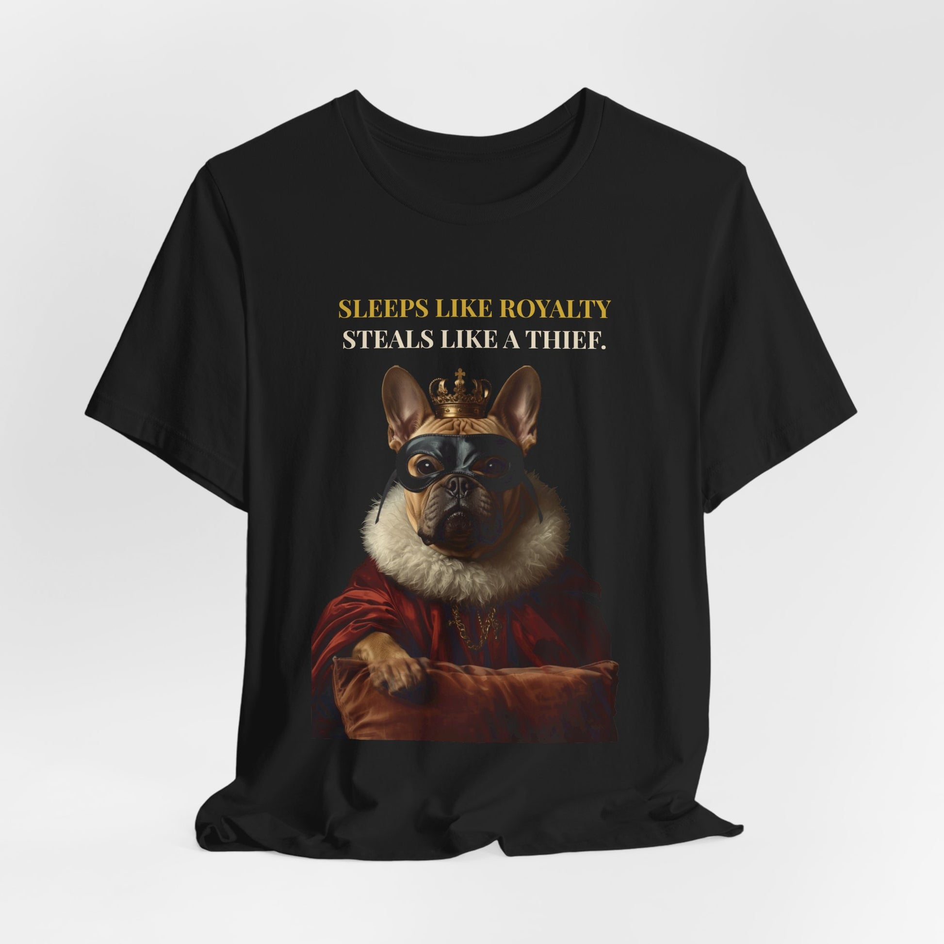 Sleeps Like Royalty French Bulldog T-Shirt — Dark Grey Heather colourway
