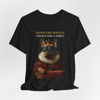 Sleeps Like Royalty French Bulldog T-Shirt — Dark Grey Heather colourway