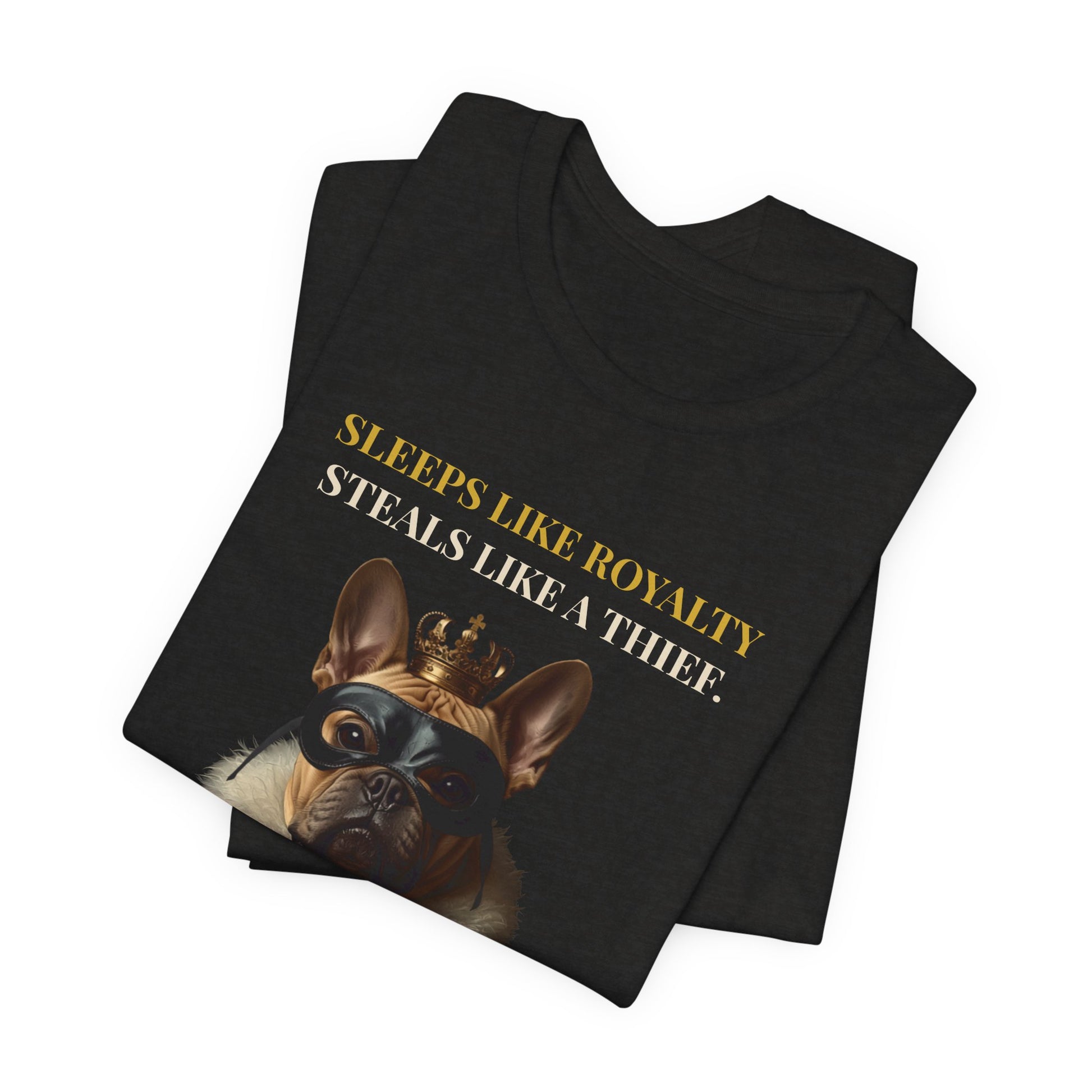 Sleeps Like Royalty French Bulldog T-Shirt — model side view