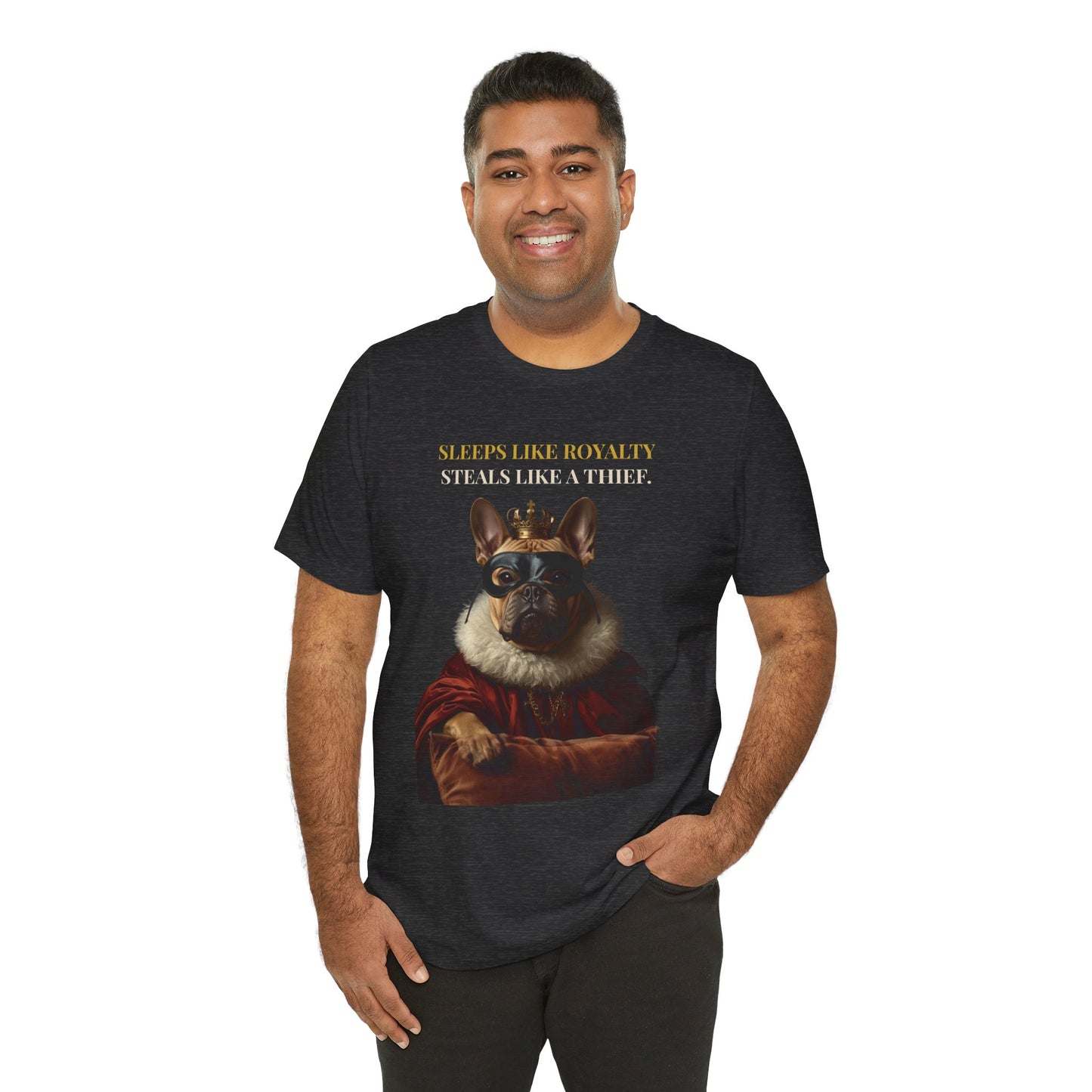 Sleeps Like Royalty French Bulldog T-Shirt — fabric texture close-up