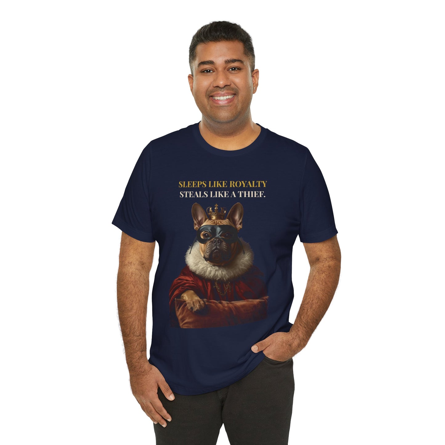 Sleeps Like Royalty French Bulldog T-Shirt — close-up print detail