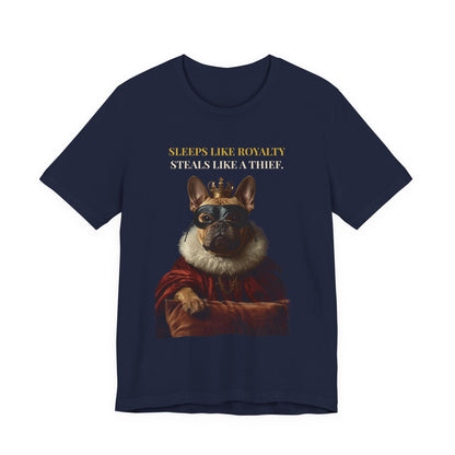 Sleeps Like Royalty French Bulldog T-Shirt — model wearing front view