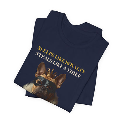 Sleeps Like Royalty French Bulldog T-Shirt — model back view