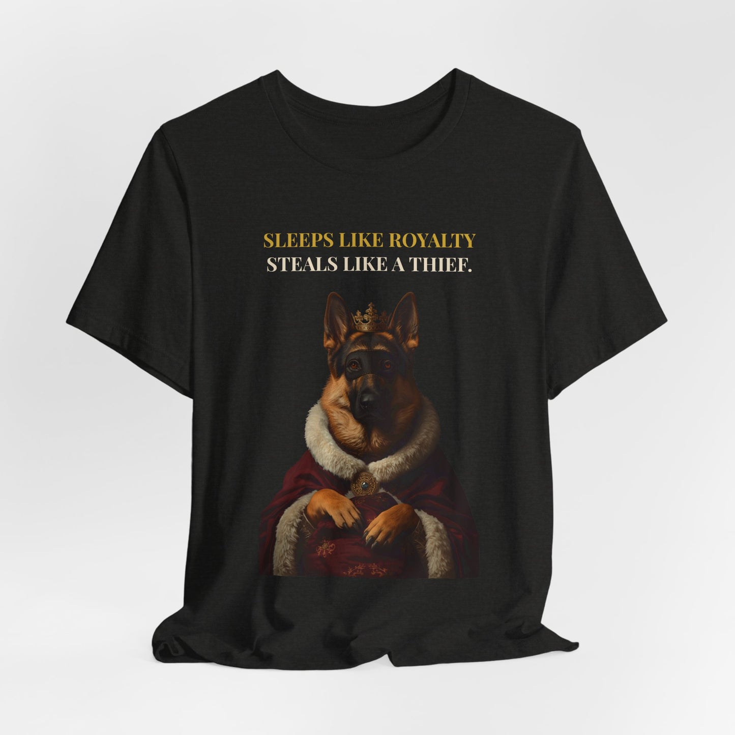 Sleeps Like Royalty German Shepherd T-Shirt — model back view