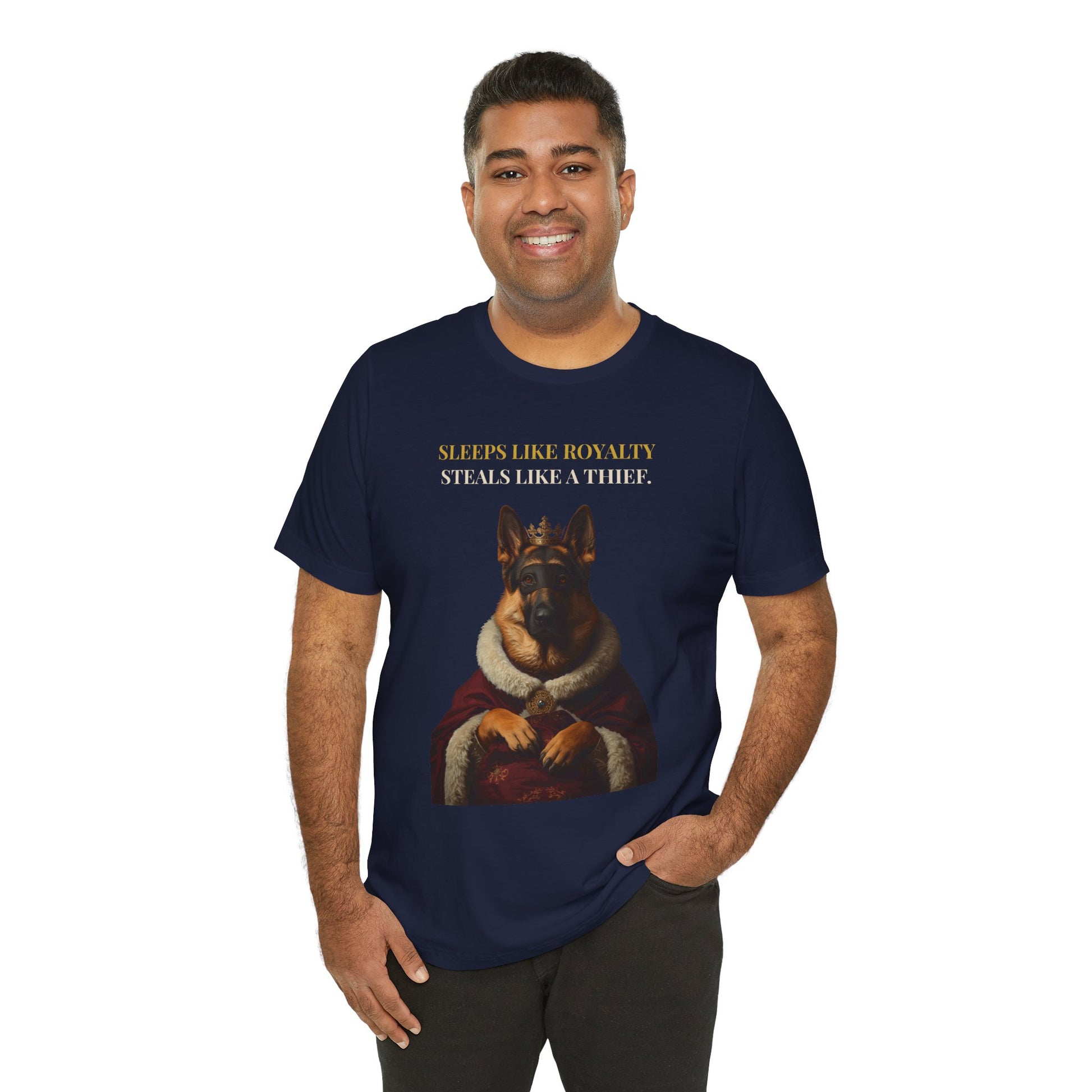 Sleeps Like Royalty German Shepherd T-Shirt — close-up print detail
