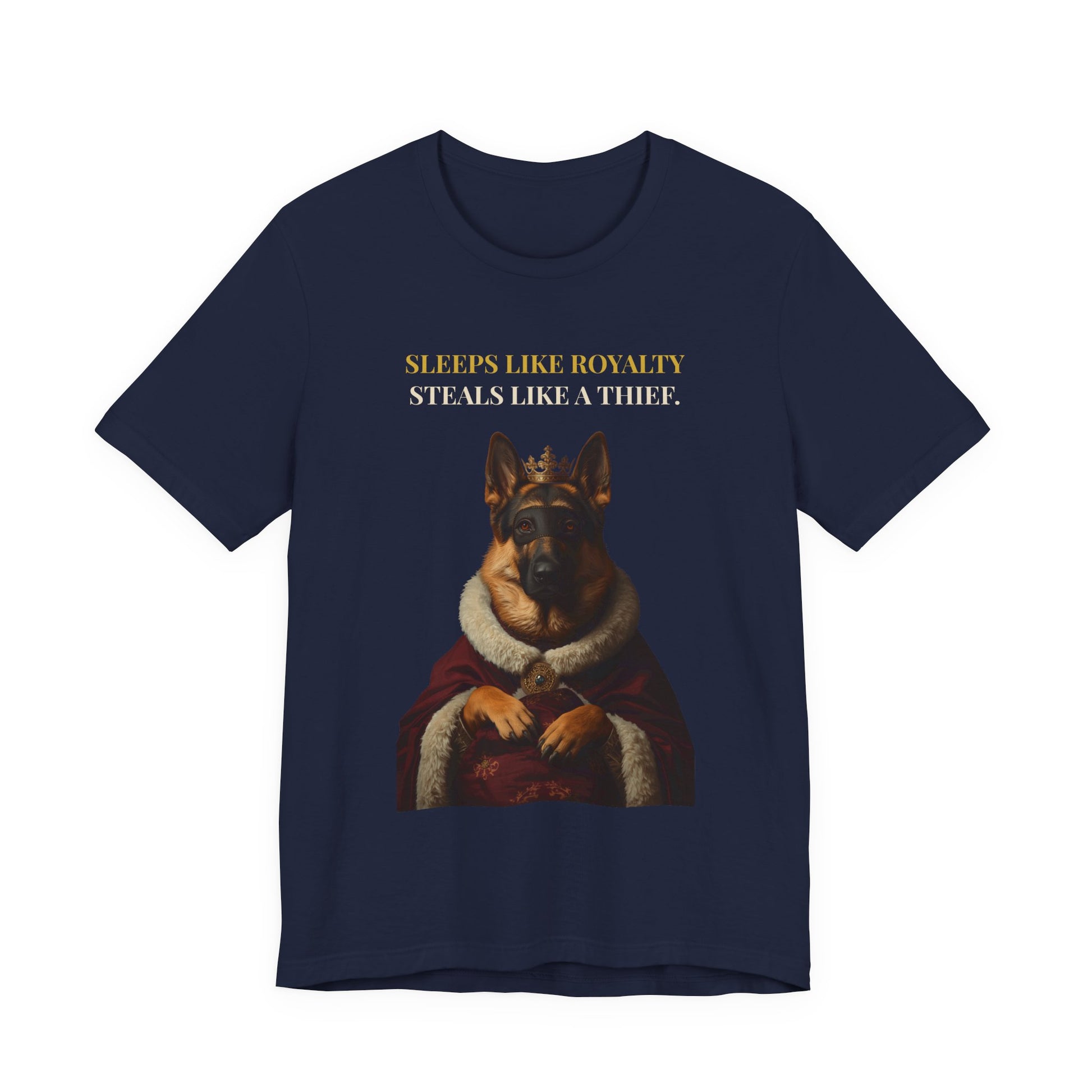 Sleeps Like Royalty German Shepherd T-Shirt — model wearing front view