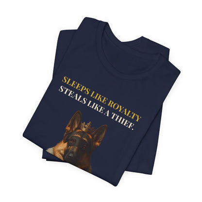 Sleeps Like Royalty German Shepherd T-Shirt — model back view