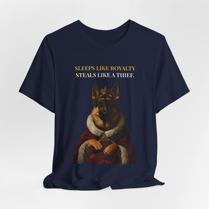 Sleeps Like Royalty German Shepherd T-Shirt — flat lay