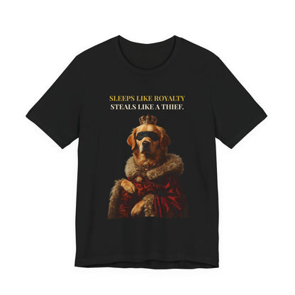 Sleeps Like Royalty Golden Retriever T-Shirt — fabric texture close-up