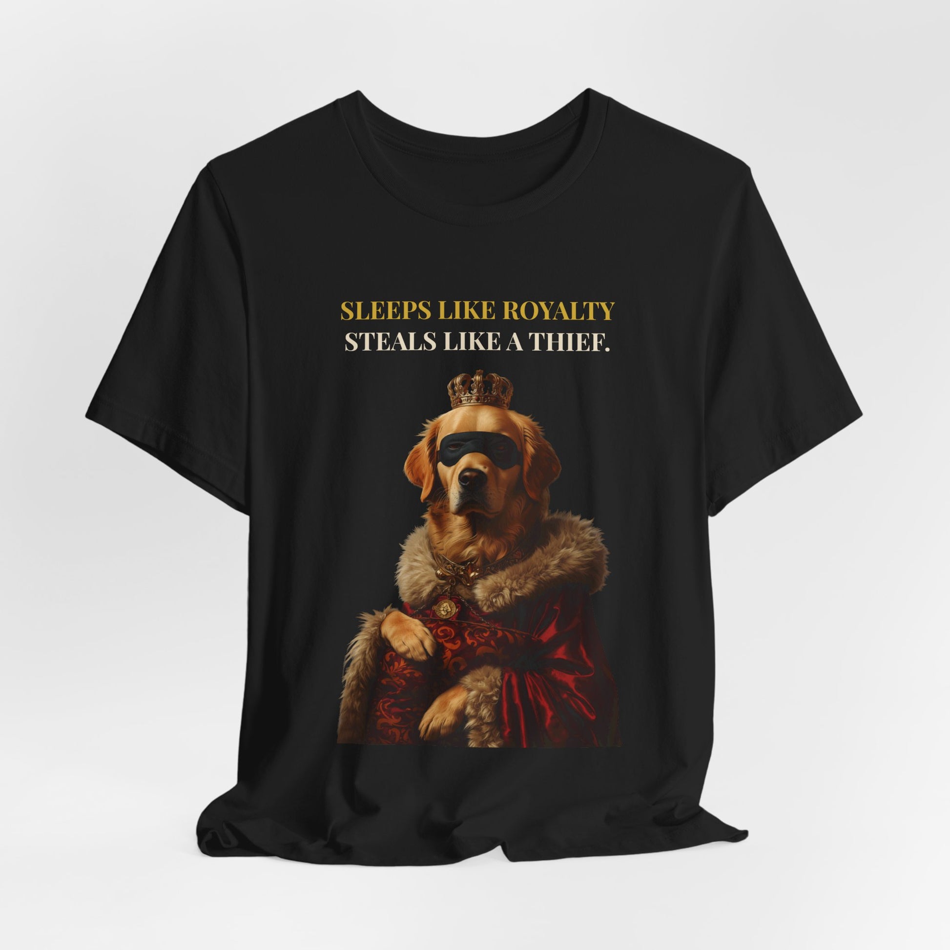 Sleeps Like Royalty Golden Retriever T-Shirt — Dark Grey Heather colourway