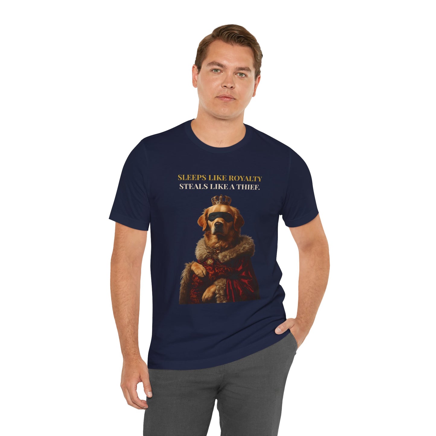 Sleeps Like Royalty Golden Retriever T-Shirt — close-up print detail