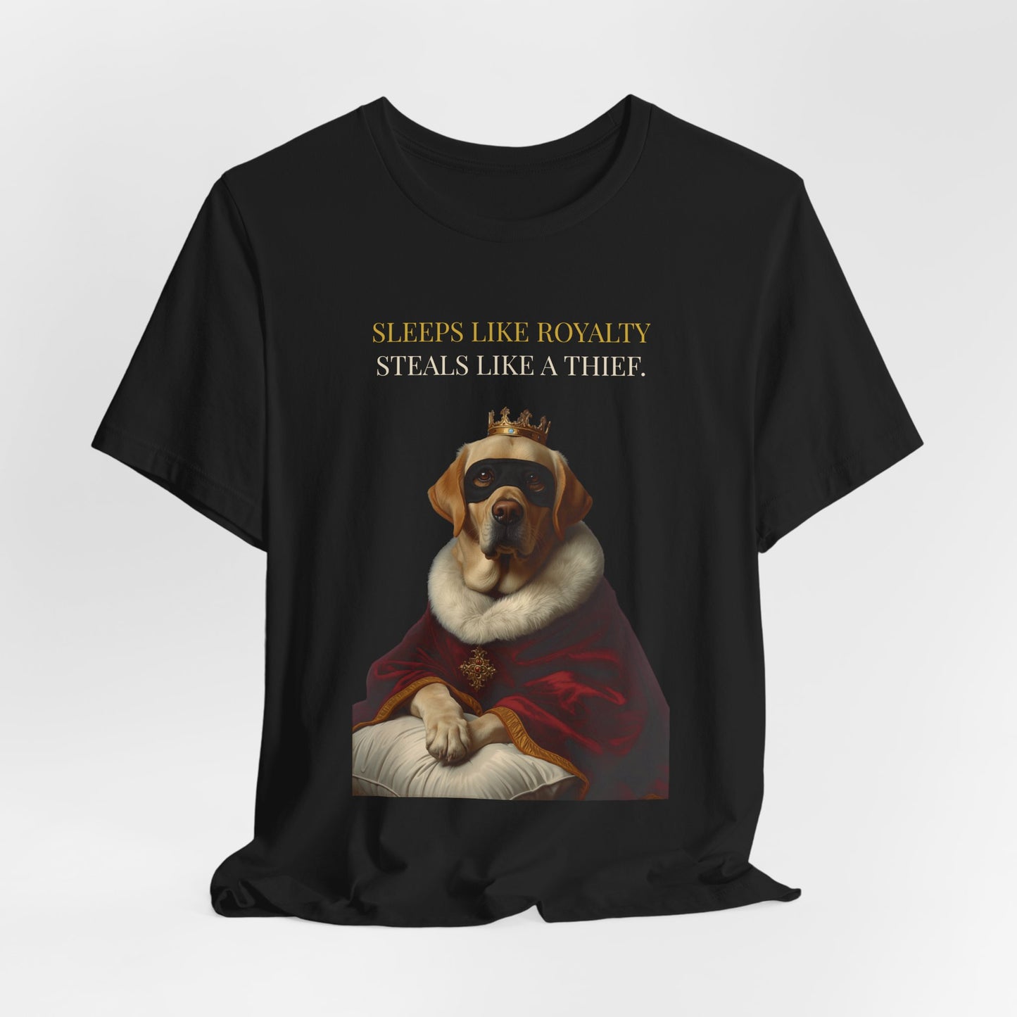 Sleeps Like Royalty Labrador T-Shirt — Dark Grey Heather colourway