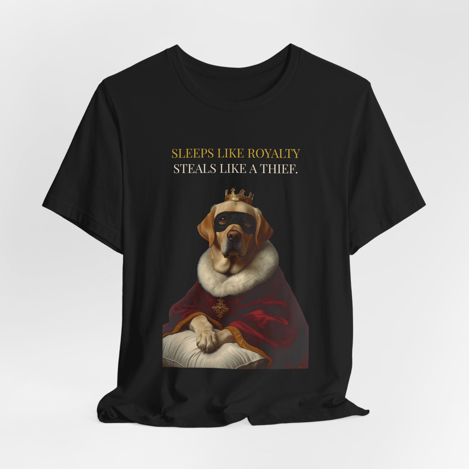 Sleeps Like Royalty Labrador T-Shirt — Dark Grey Heather colourway