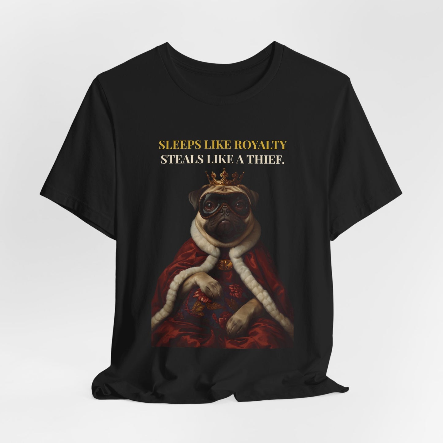 Sleeps Like Royalty Pug T-Shirt — Dark Grey Heather colourway