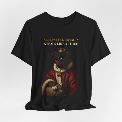 Sleeps Like Royalty Staffie t-shirt - Dark Grey Heather colourway