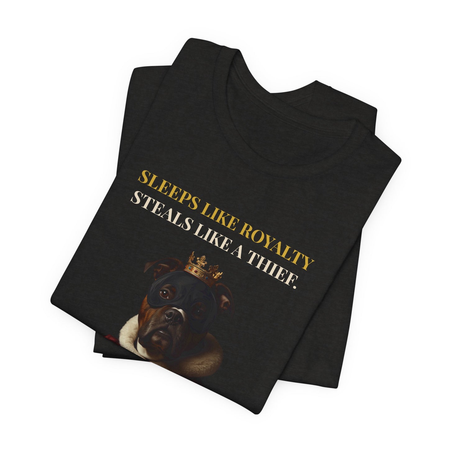 Man wearing Sleeps Like Royalty Staffie t-shirt - front view