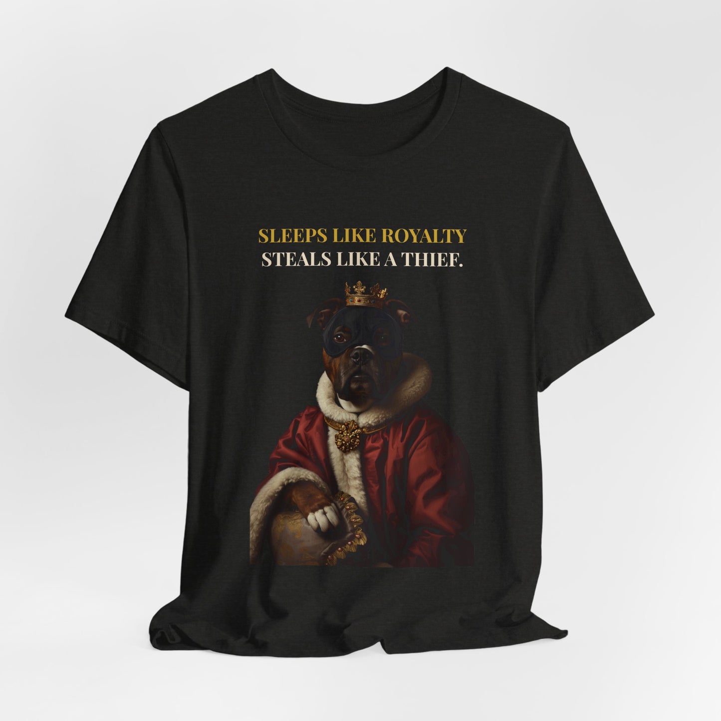 Man wearing Sleeps Like Royalty Staffie t-shirt - side view