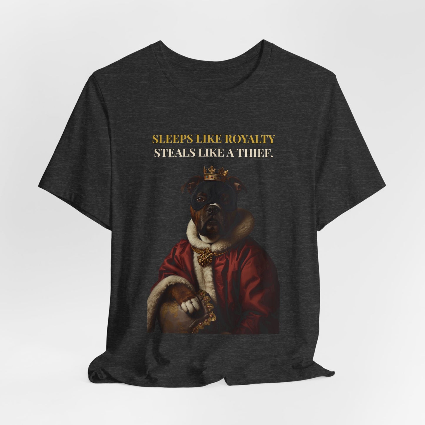 Sleeps Like Royalty Staffie t-shirt - Dark Grey Heather colourway