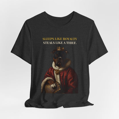 Sleeps Like Royalty Staffie t-shirt - Dark Grey Heather colourway