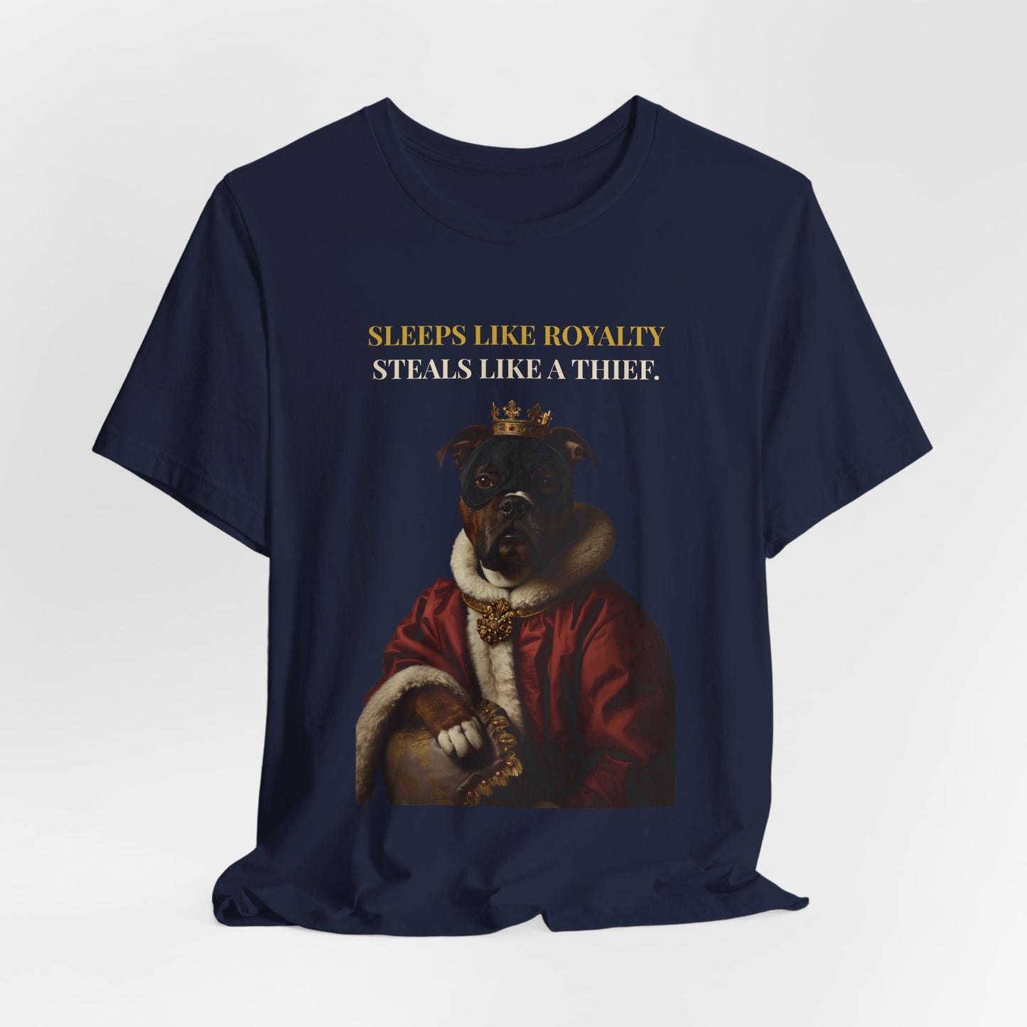 Sleeps Like Royalty Staffie t-shirt - flat lay