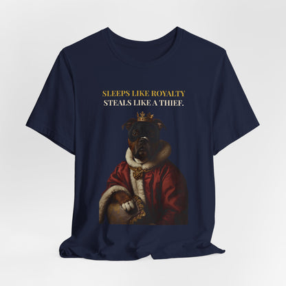 Sleeps Like Royalty Staffie t-shirt - flat lay
