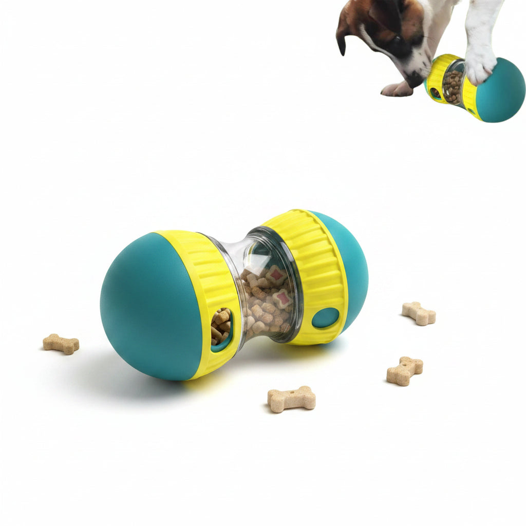 Teal and yellow peanut-shaped slow feeder treat ball for dogs, kibble wobble dispenser with adjustable difficulty cap