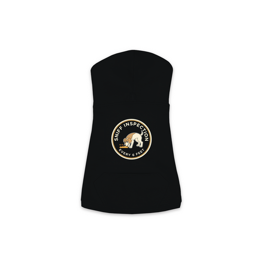 Sniff Inspection Dog Hoodie in Black, sizes XS-M — funny dog walk print